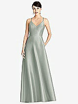 Front View Thumbnail - Willow Green V-Neck Full Skirt Satin Maxi Dress