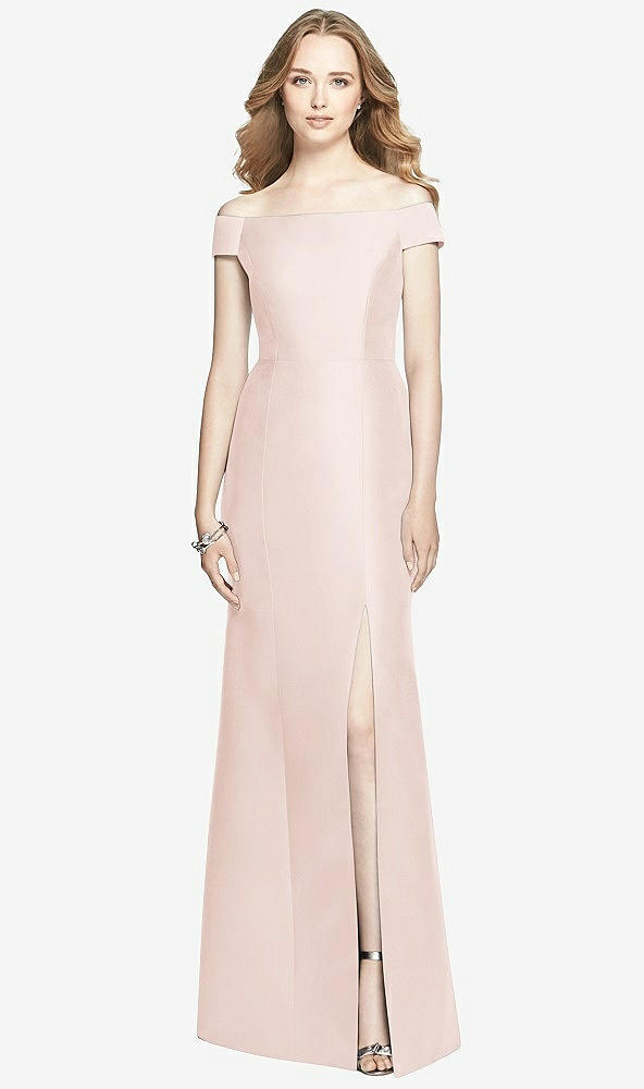 Front View - Blush Off-the-Shoulder Criss Cross Back Satin Dress