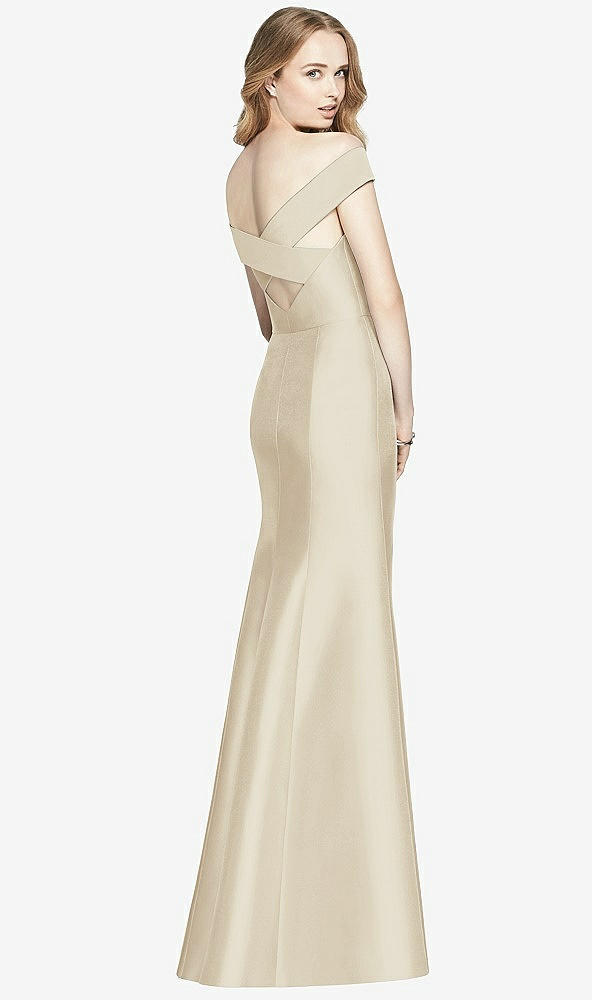 Back View - Champagne Off-the-Shoulder Criss Cross Back Satin Dress