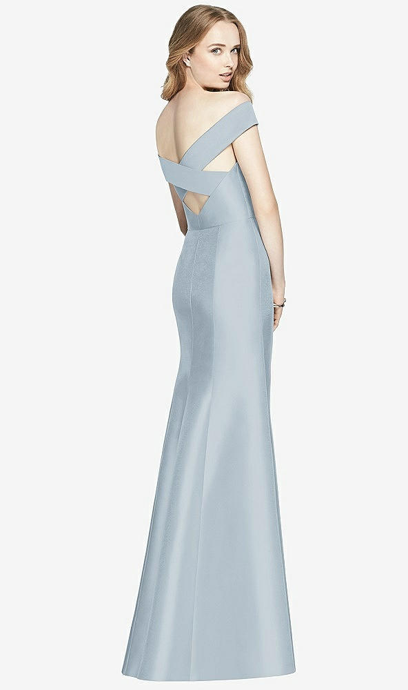 Back View - Mist Off-the-Shoulder Criss Cross Back Satin Dress