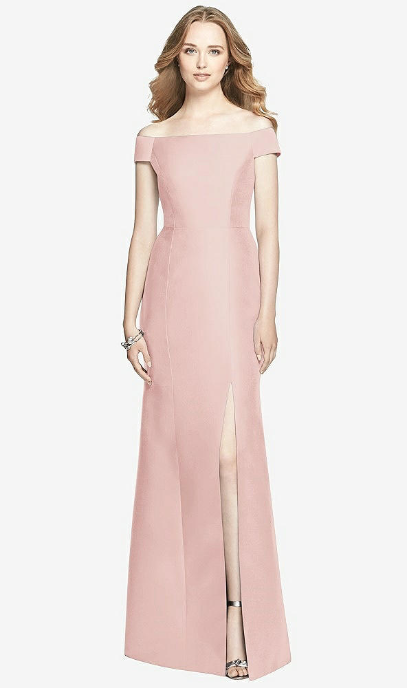 Front View - Rose Off-the-Shoulder Criss Cross Back Satin Dress