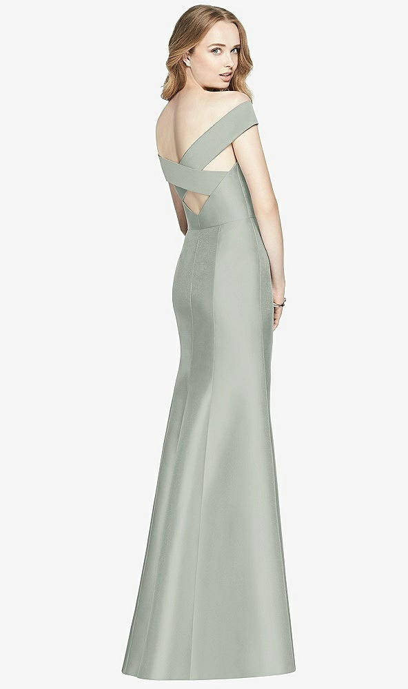 Back View - Willow Green Off-the-Shoulder Criss Cross Back Satin Dress