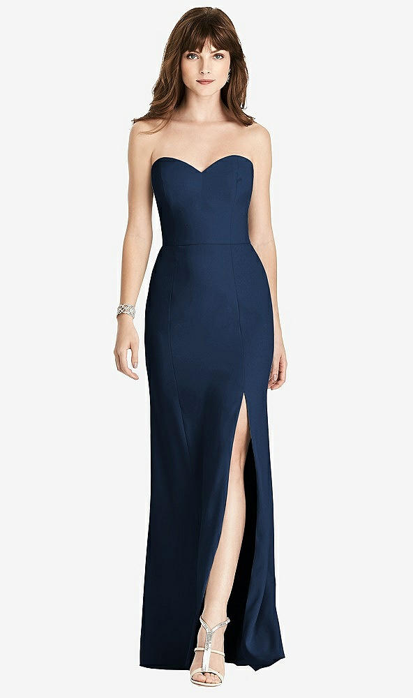 Front View - Midnight Navy Strapless Crepe Trumpet Gown with Front Slit