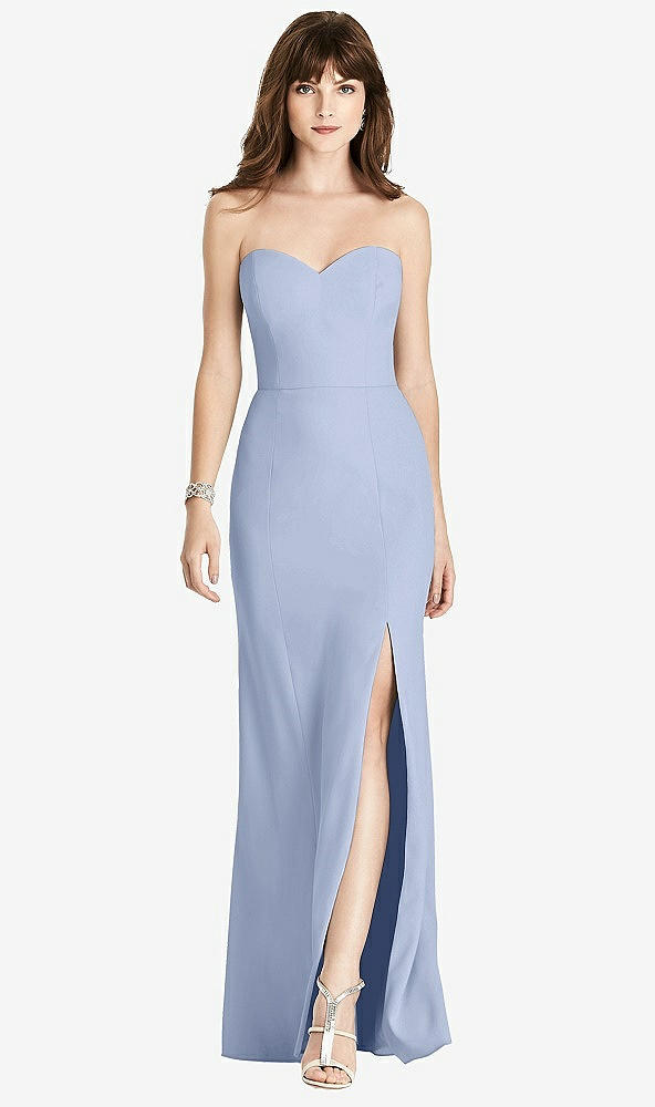 Front View - Sky Blue Strapless Crepe Trumpet Gown with Front Slit