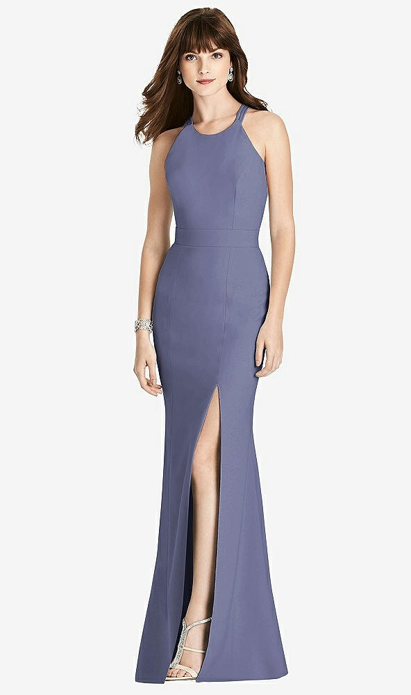 Front View - French Blue Criss Cross Open-Back Trumpet Gown