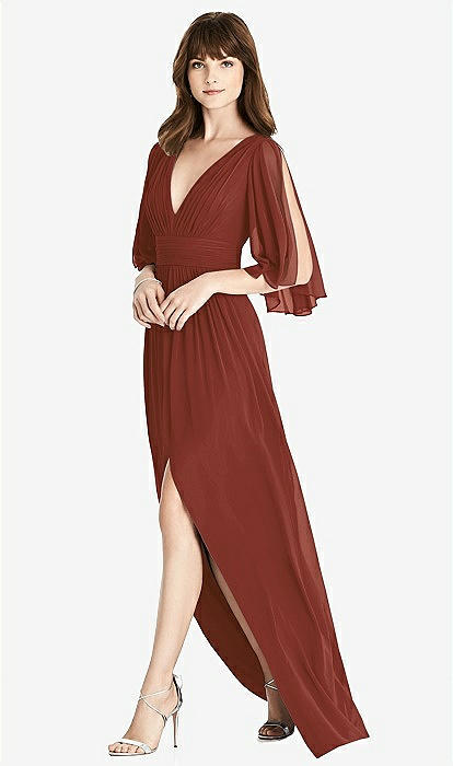 Split Sleeve Backless Chiffon Maxi Bridesmaid Dress In Auburn Moon