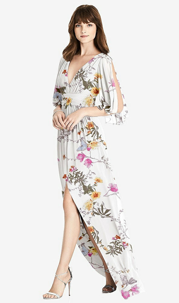 Front View - Butterfly Botanica Ivory Split Sleeve Backless Chiffon Maxi Dress