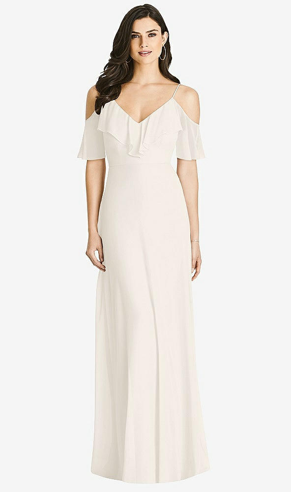 Front View - Ivory Ruffled Cold-Shoulder Chiffon Maxi Dress