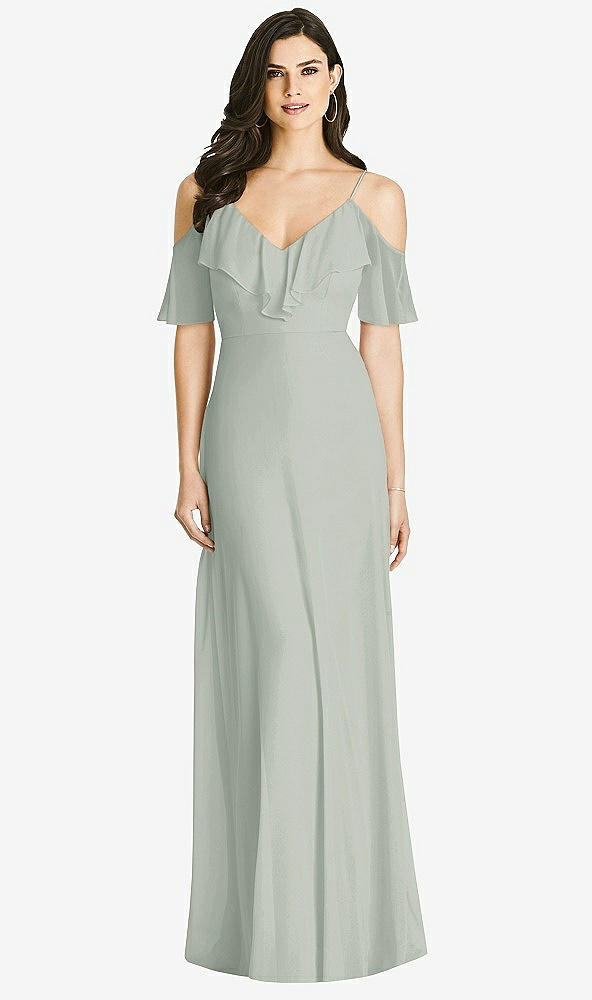 Front View - Willow Green Ruffled Cold-Shoulder Chiffon Maxi Dress
