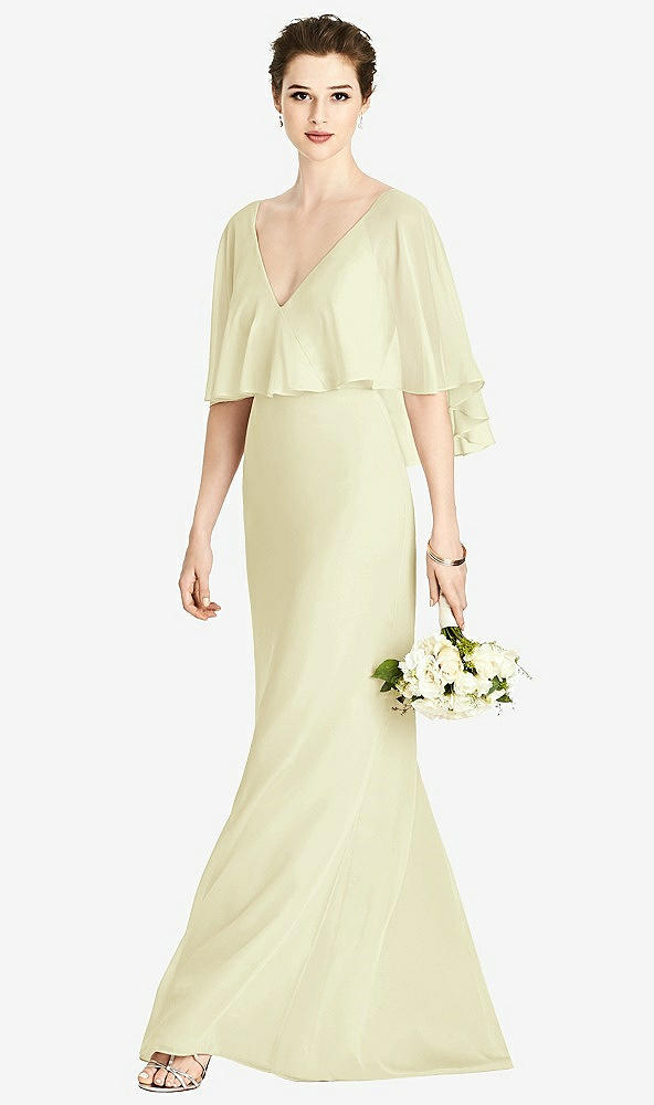 Front View - Butter Yellow V-Back Trumpet Gown with Draped Cape Overlay
