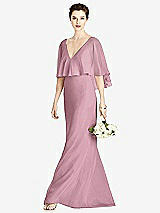 Front View Thumbnail - Dusty Pink V-Back Trumpet Gown with Draped Cape Overlay