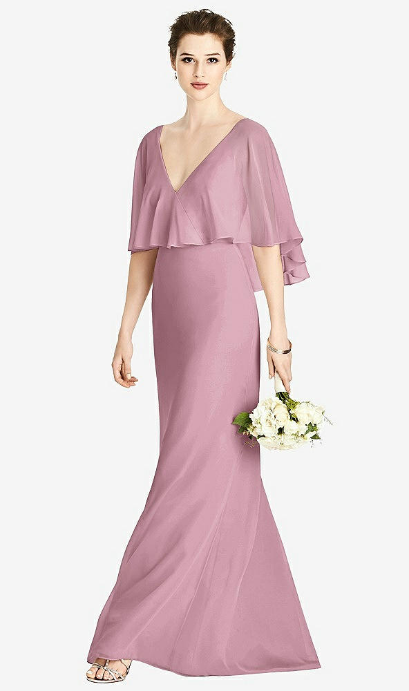 Front View - Dusty Pink V-Back Trumpet Gown with Draped Cape Overlay
