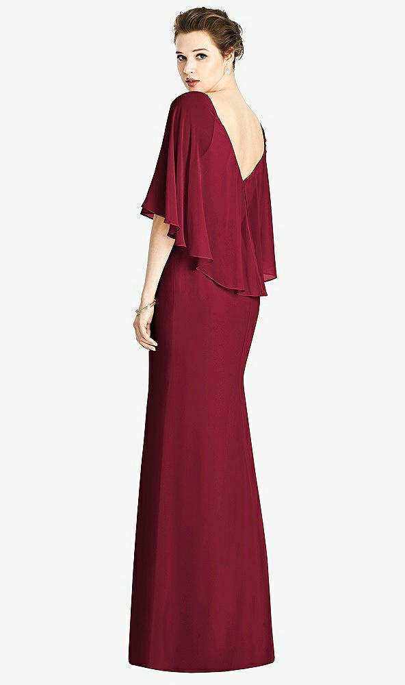 Back View - Burgundy V-Back Trumpet Gown with Draped Cape Overlay