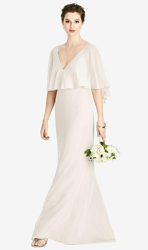 Front View - Ivory V-Back Trumpet Gown with Draped Cape Overlay