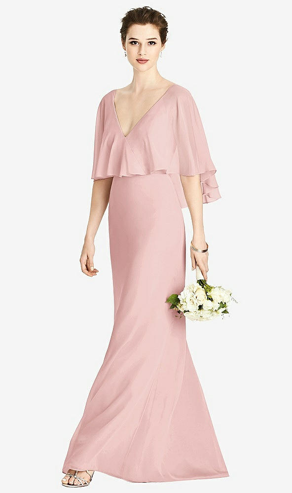 Front View - Rose V-Back Trumpet Gown with Draped Cape Overlay