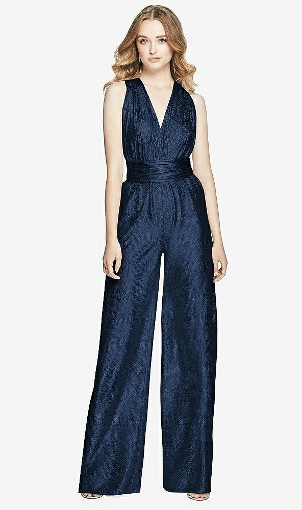 Front View - Midnight Navy Soho Metallic Twist Jumpsuit