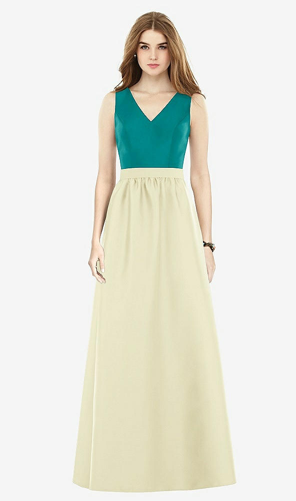 Front View - Butter Yellow & Jade Alfred Sung Bridesmaid Dress D752