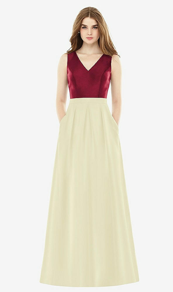 Front View - Butter Yellow & Burgundy Alfred Sung Bridesmaid Dress D753