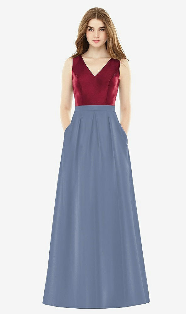 Front View - Larkspur Blue & Burgundy Alfred Sung Bridesmaid Dress D753