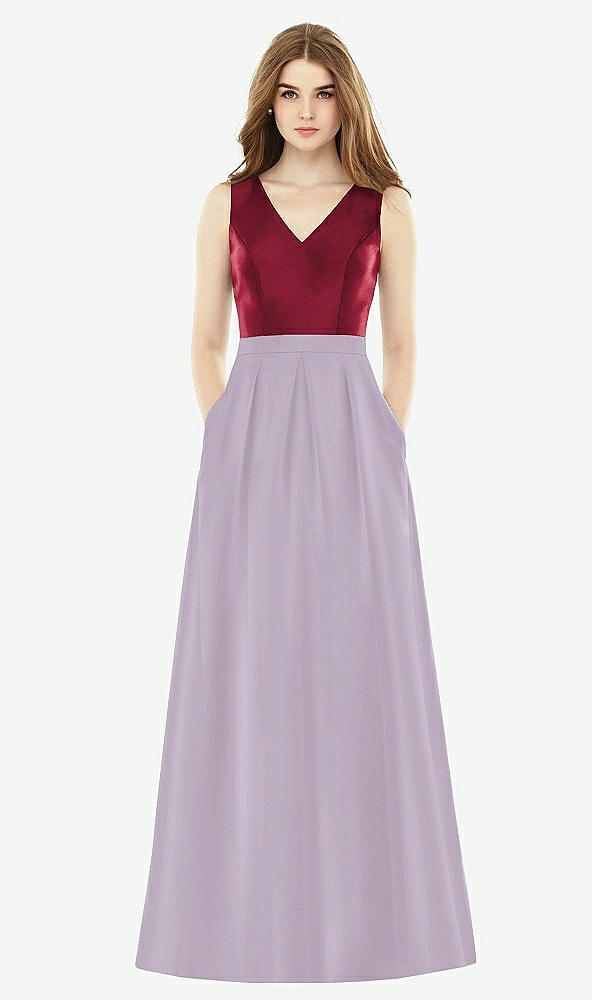 Front View - Lilac Haze & Burgundy Alfred Sung Bridesmaid Dress D753