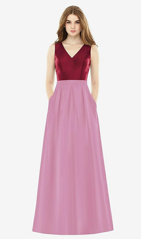 Front View - Powder Pink & Burgundy Alfred Sung Bridesmaid Dress D753