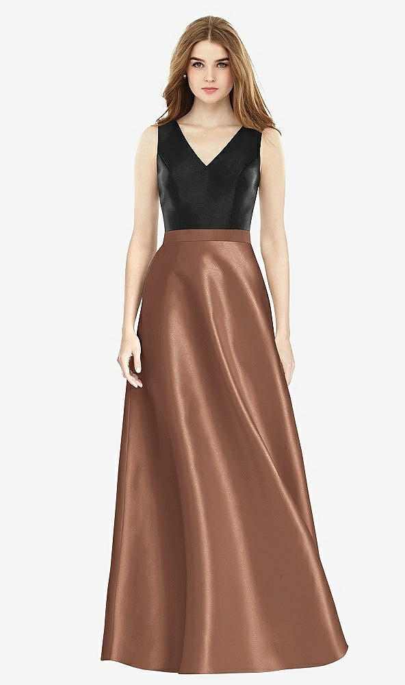 Front View - Cognac & Black Sleeveless A-Line Satin Dress with Pockets