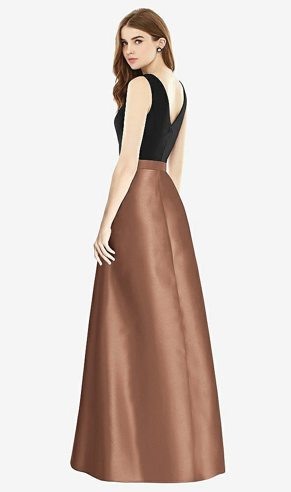 Back View - Cognac & Black Sleeveless A-Line Satin Dress with Pockets