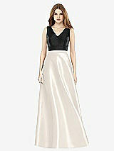 Front View Thumbnail - Ivory & Black Sleeveless A-Line Satin Dress with Pockets