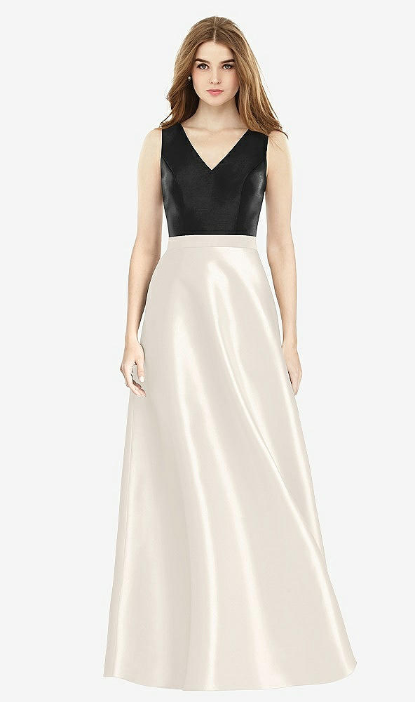 Front View - Ivory & Black Sleeveless A-Line Satin Dress with Pockets
