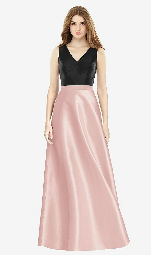 Front View - Rose & Black Sleeveless A-Line Satin Dress with Pockets