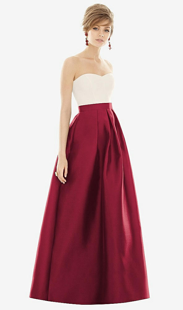 Front View - Burgundy & Ivory Strapless Pleated Skirt Maxi Dress with Pockets
