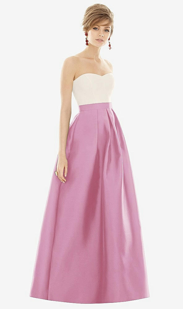 Front View - Powder Pink & Ivory Strapless Pleated Skirt Maxi Dress with Pockets
