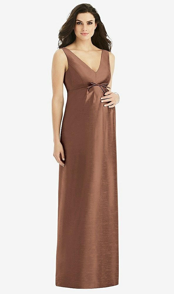Front View - Cognac Sleeveless Satin Twill Maternity Dress