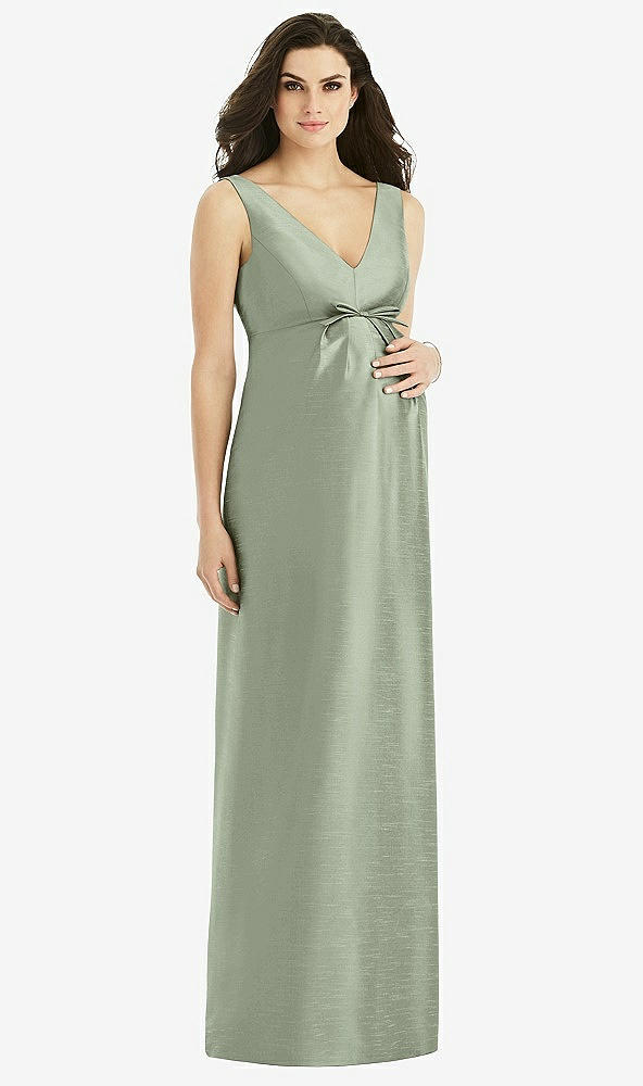 Front View - Sage Sleeveless Satin Twill Maternity Dress