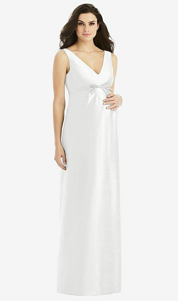Front View - White Sleeveless Satin Twill Maternity Dress