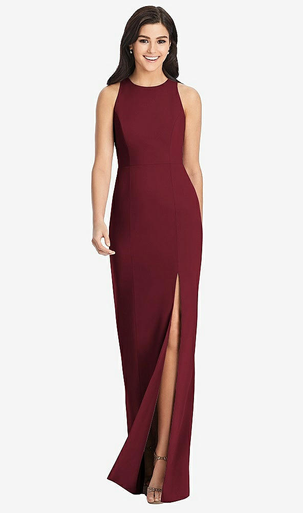 Front View - Cabernet Diamond Cutout Back Trumpet Gown with Front Slit