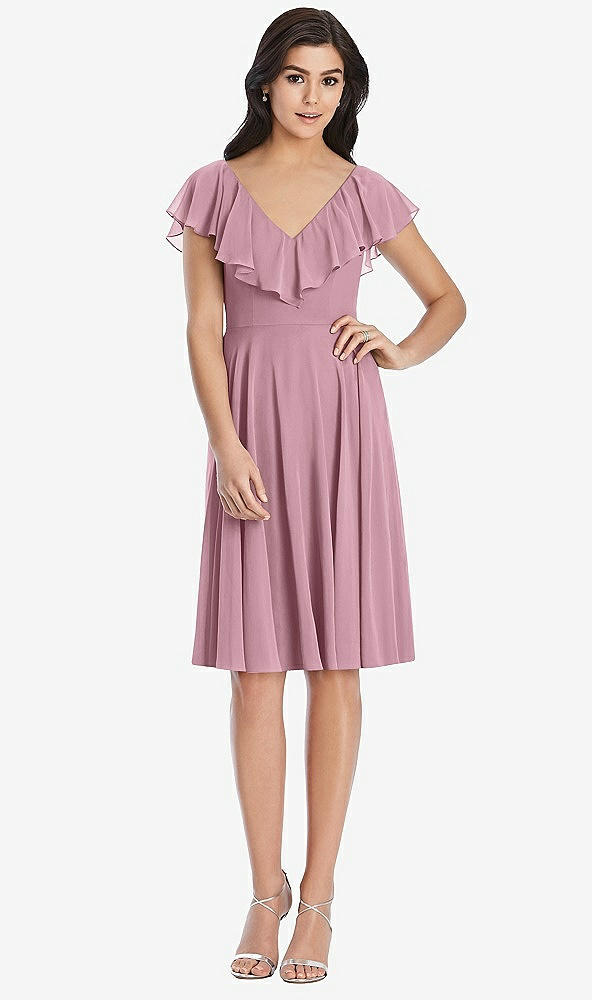 Front View - Dusty Pink Midi Natural Waist Ruffled VNeck Dress