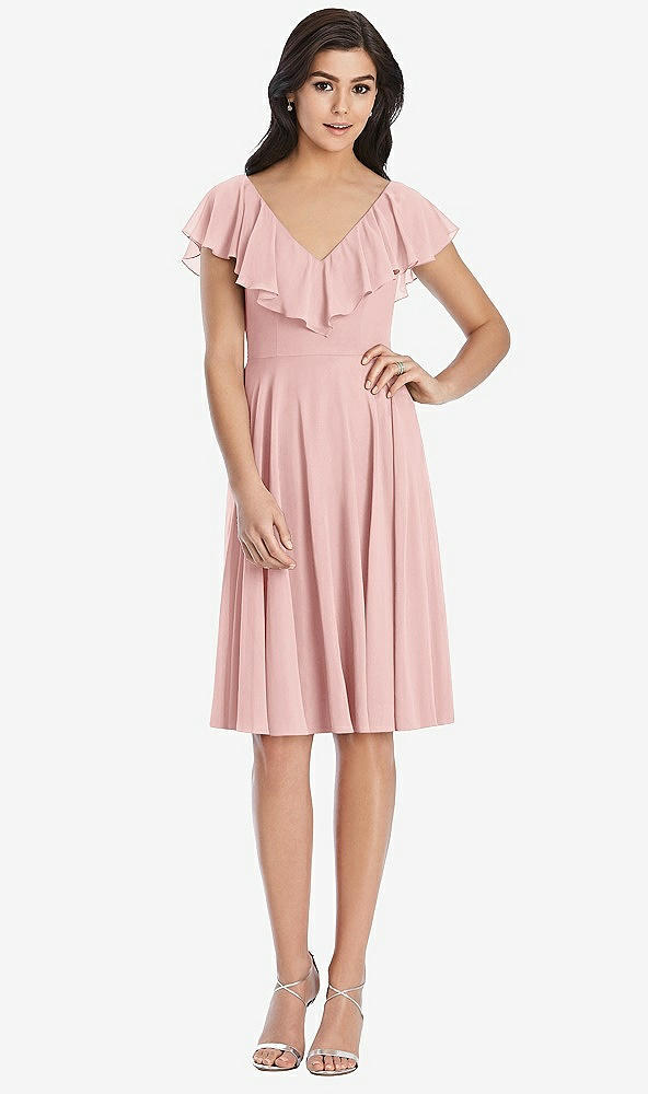 Front View - Rose Midi Natural Waist Ruffled VNeck Dress