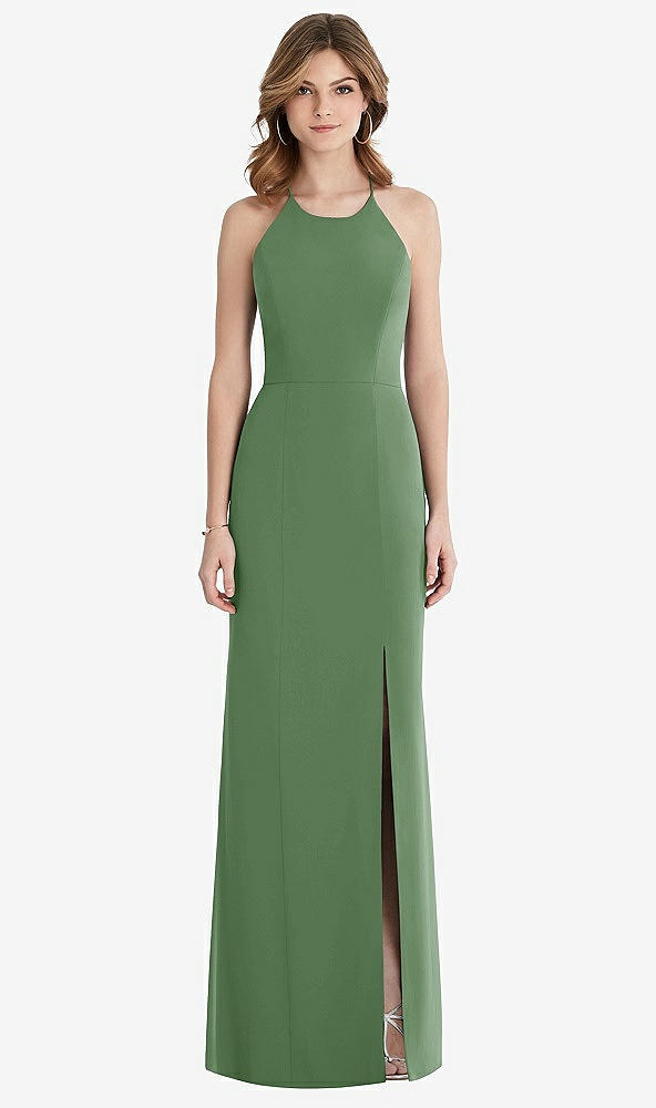 Front View - Vineyard Green Criss Cross Open-Back Chiffon Trumpet Gown