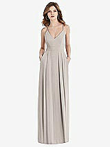 Front View Thumbnail - Taupe Pleated Skirt Crepe Maxi Dress with Pockets