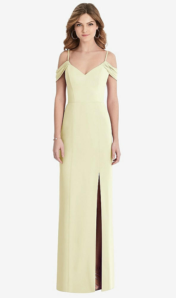 Front View - Butter Yellow Off-the-Shoulder Chiffon Trumpet Gown with Front Slit