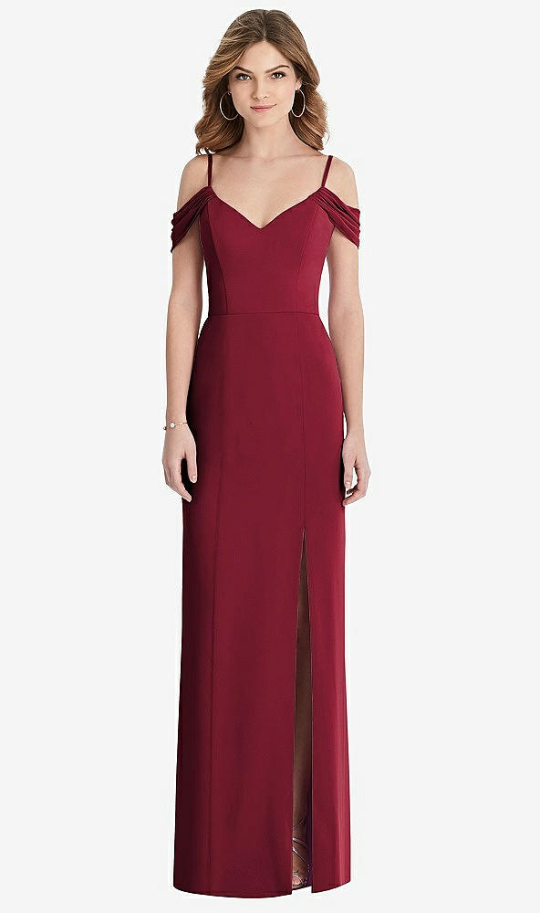 Front View - Burgundy Off-the-Shoulder Chiffon Trumpet Gown with Front Slit