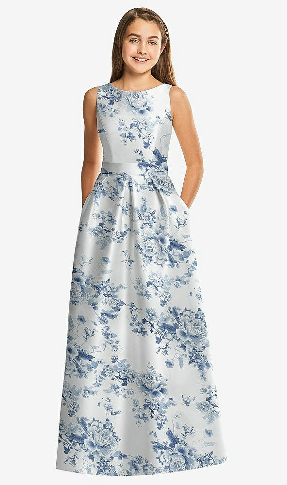Front View - Cottage Rose Larkspur Floral Bateau Neck Maxi Junior Bridesmaid Dress with Pockets