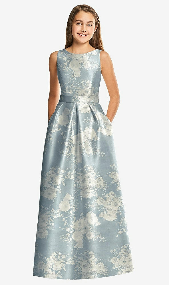 Front View - Porcelain Blue Seraphina Floral Floral Bateau Neck Maxi Junior Bridesmaid Dress with Pockets