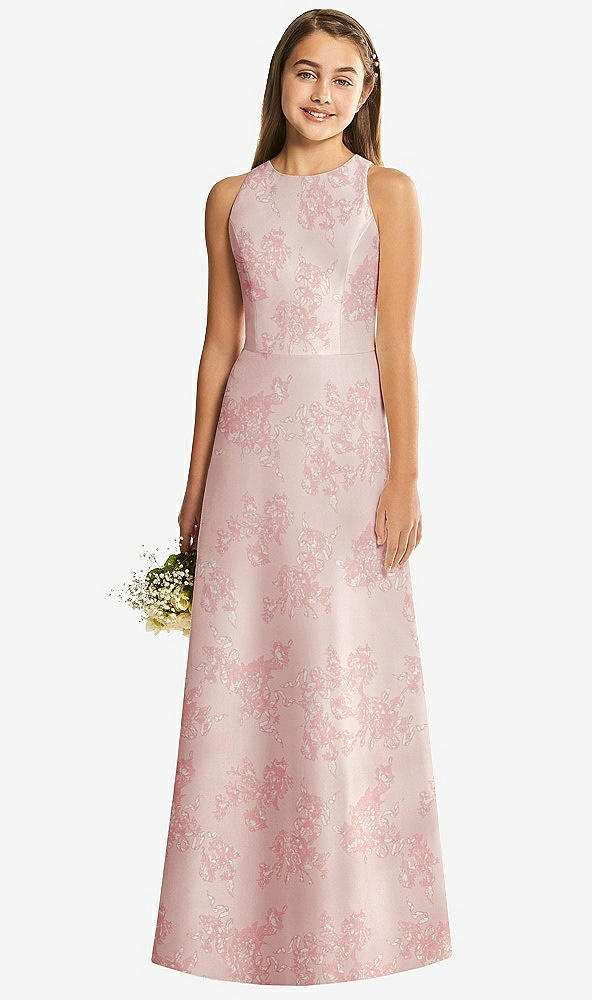Front View - Bow And Blossom Print Floral Sleeveless Open-Back Satin Junior Bridesmaid Dress