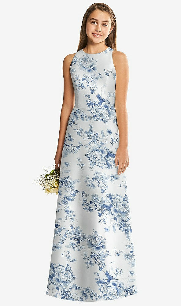 Front View - Cottage Rose Larkspur Floral Sleeveless Open-Back Satin Junior Bridesmaid Dress