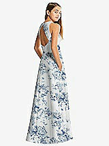 Rear View Thumbnail - Cottage Rose Larkspur Floral Sleeveless Open-Back Satin Junior Bridesmaid Dress