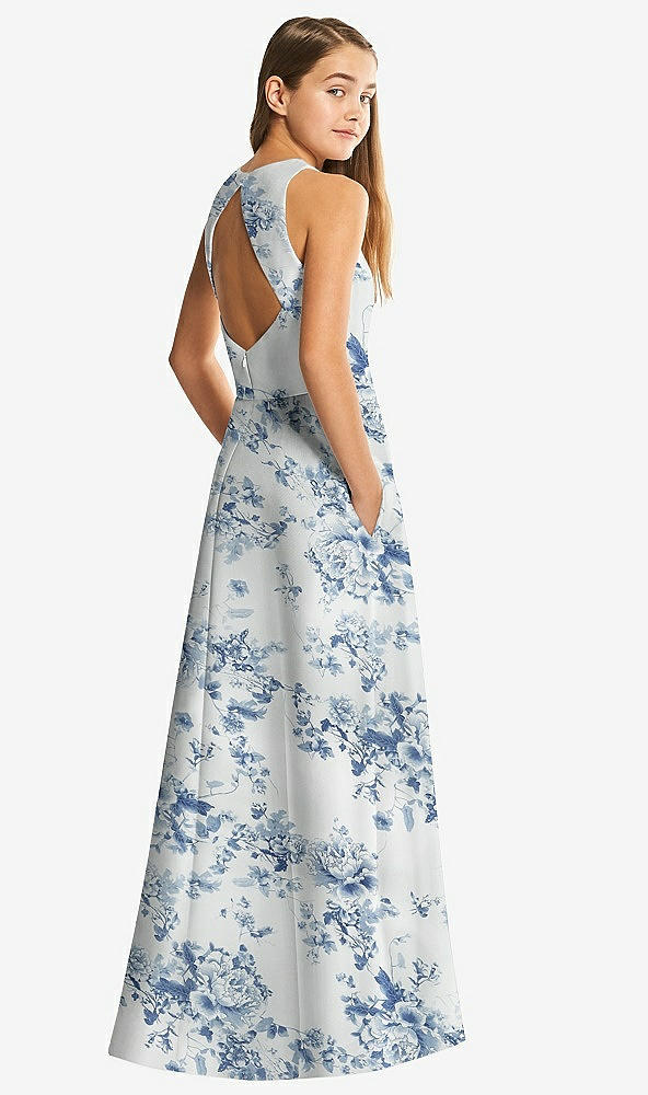 Back View - Cottage Rose Larkspur Floral Sleeveless Open-Back Satin Junior Bridesmaid Dress