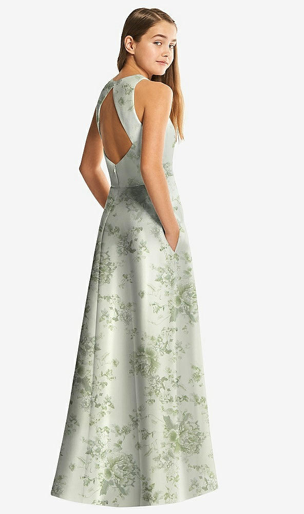 Back View - Sage Cottage Rose Floral Sleeveless Open-Back Satin Junior Bridesmaid Dress