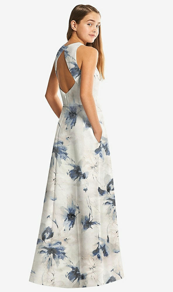 Back View - Inkwash Blue Floral Floral Sleeveless Open-Back Satin Junior Bridesmaid Dress